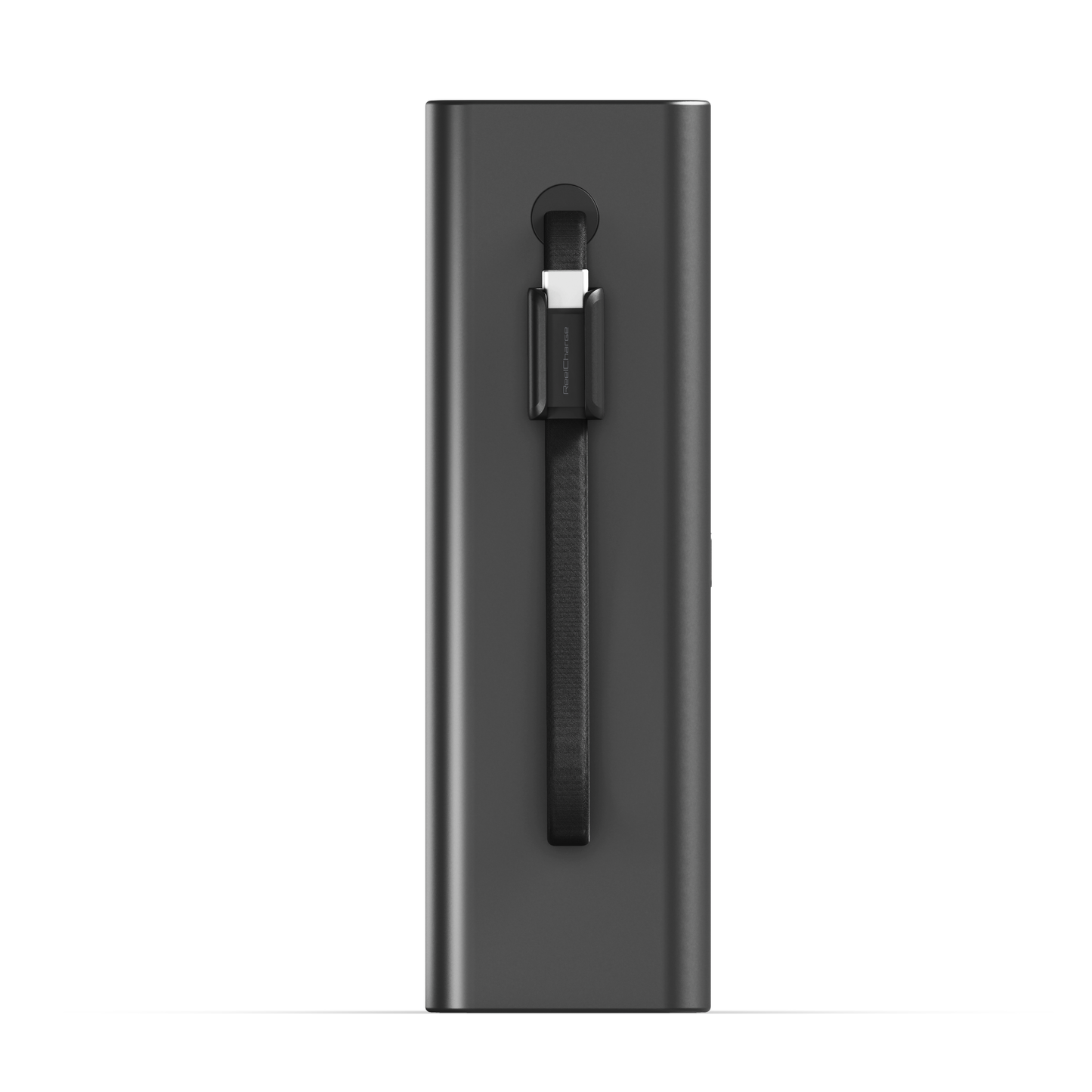 Narrow side view of the ReelPro 200W power bank with the integrated USB-C cable in its channel