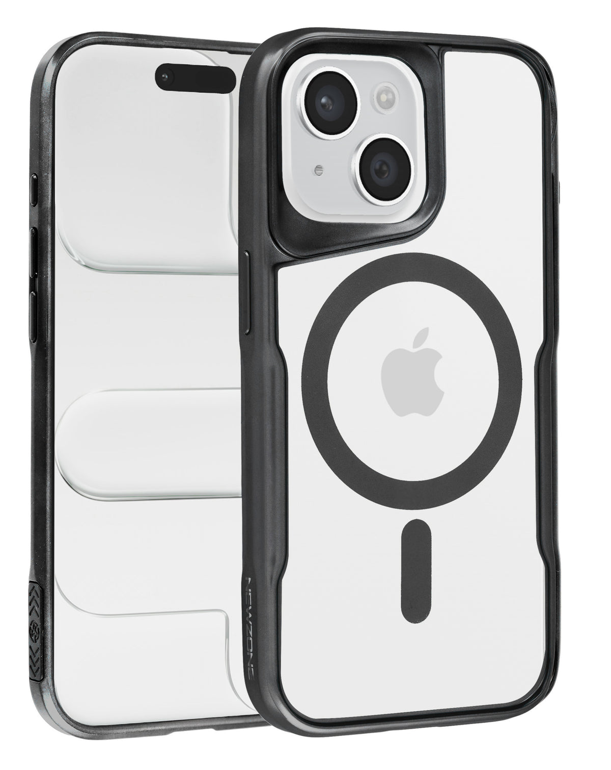 Glossy clear magnetic case with black frame for iPhone 13 / 14, back and front view showing the MagSafe ring