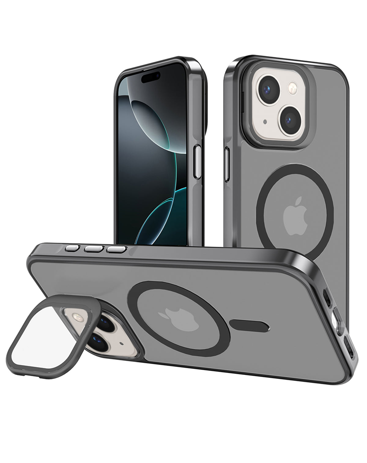 Slim matte translucent MagSafe case in gray for iPhone 13 / 14, shown upright on its camera cover kickstand
