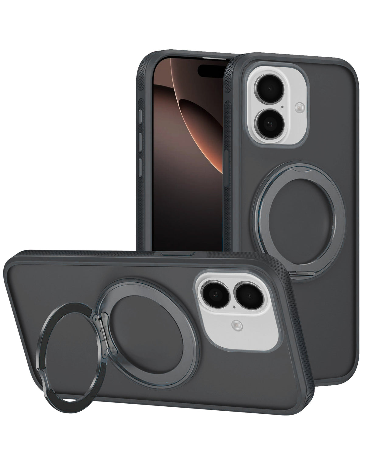 Black heavy duty rugged MagSafe case with camera guard and ring kickstand for iPhone 13 / 14 / 15 / 16e / 17e, shown propped up