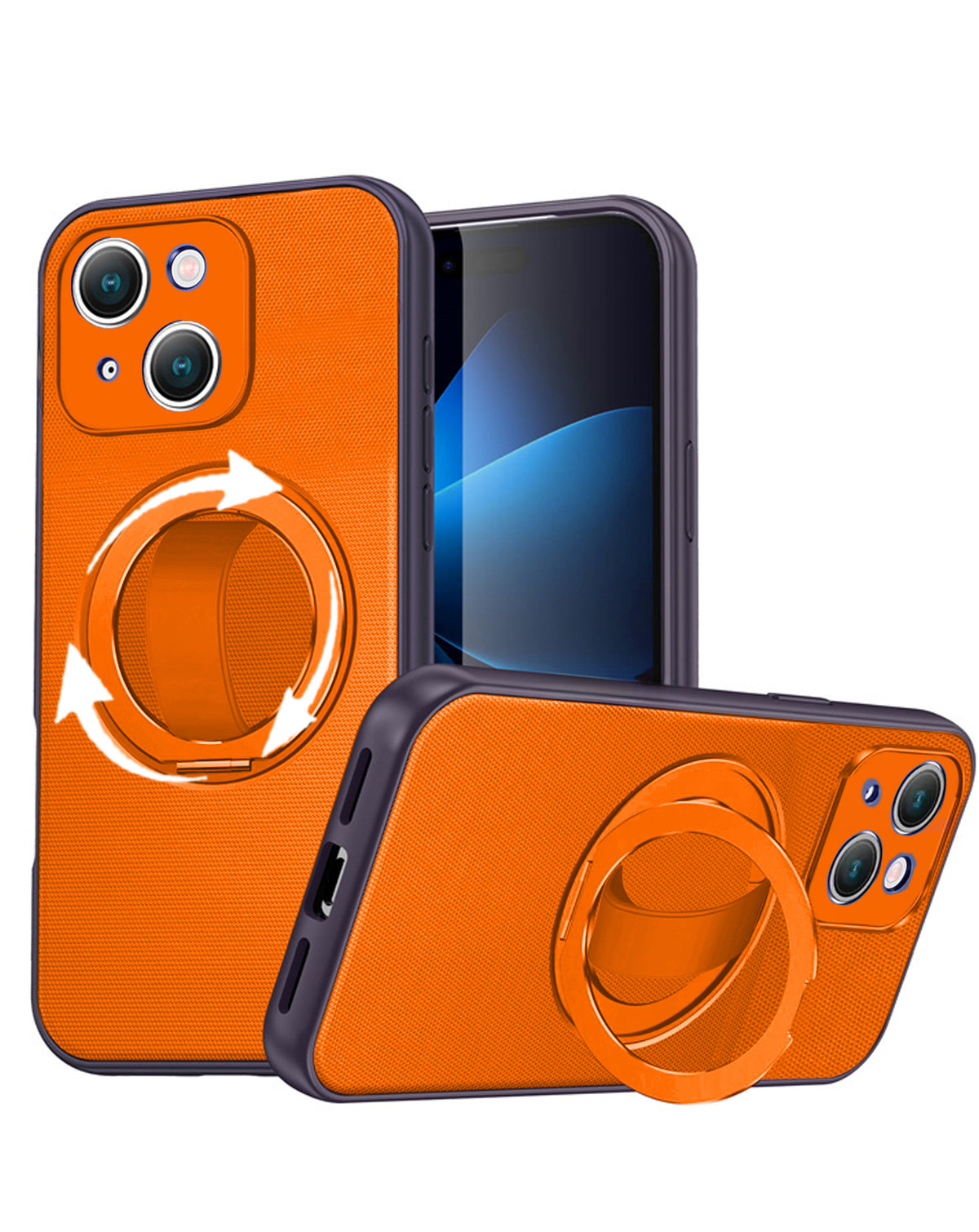 Orange textured shockproof case with 360 degree rotating ring stand for iPhone 13 / 14 / 15 / 16e / 17e, shown propped up