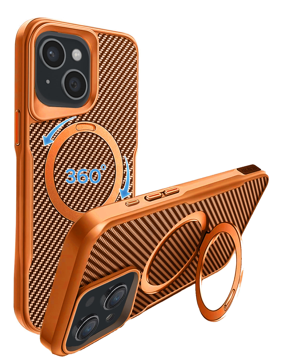 Orange carbon fiber texture magnetic case with 360 degree ring stand for iPhone 13 / 14 / 15 / 16e / 17e, shown propped up