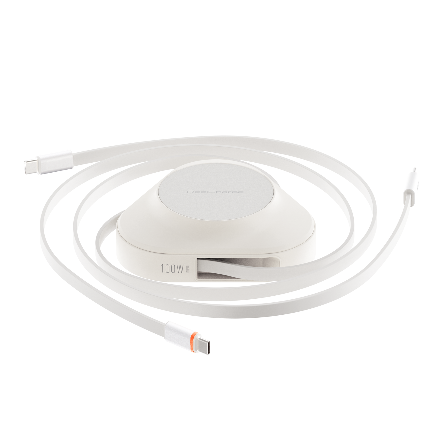 White ReelCharge 100W power station with the retractable USB-C cable fully extended and coiled