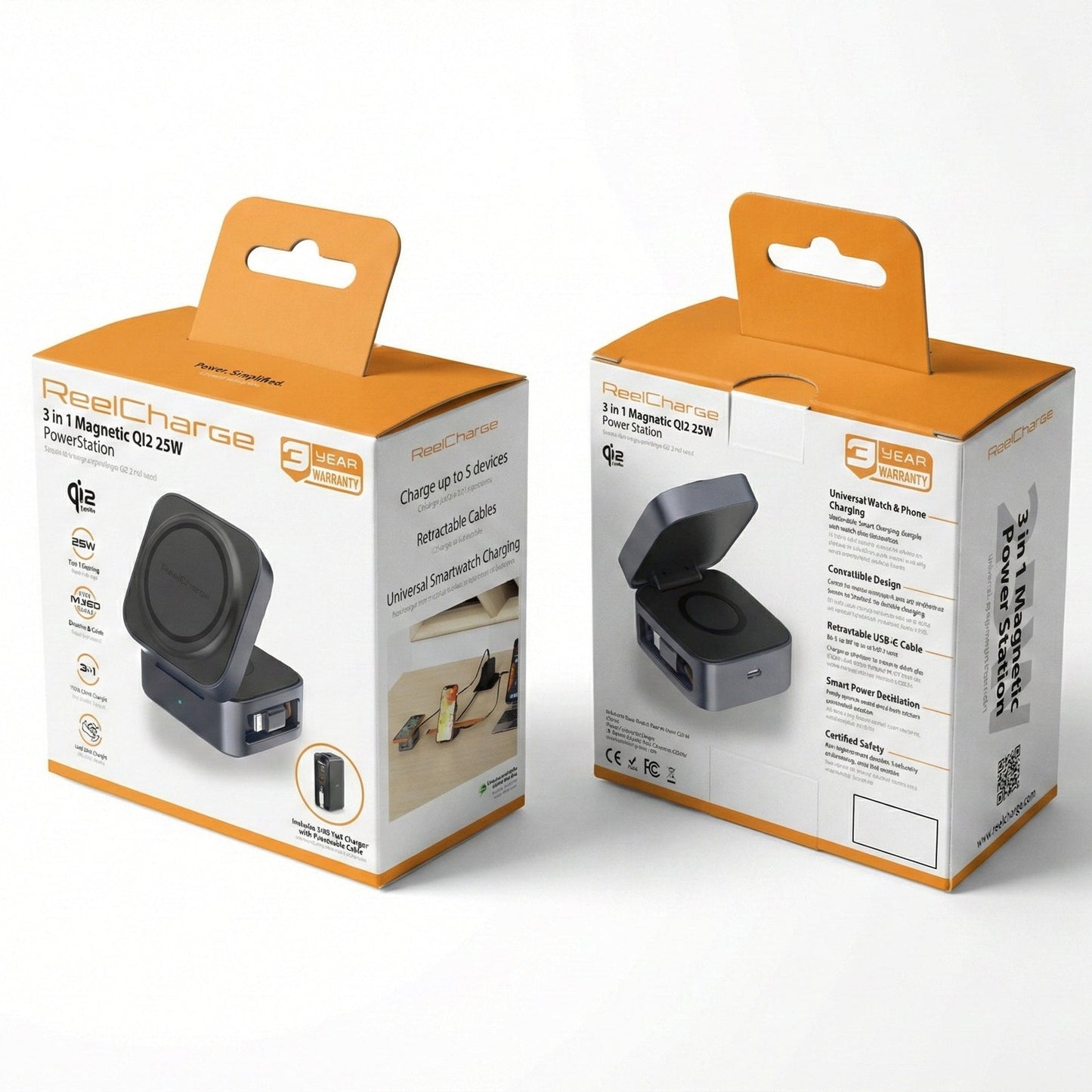 Retail packaging for the ReelCharge 3-in-1 Magnetic Qi2 25W power station, front and back