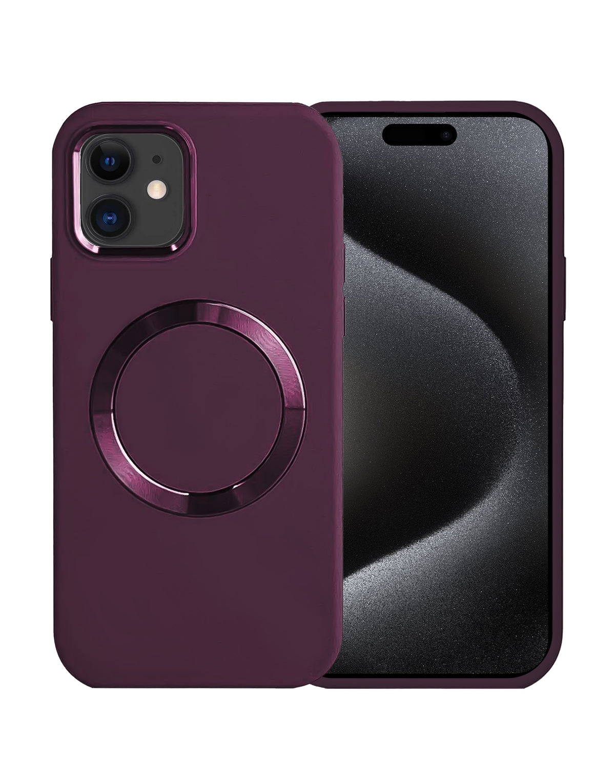 Purple soft silicone MagSafe case for iPhone 11, back view with the magnetic ring