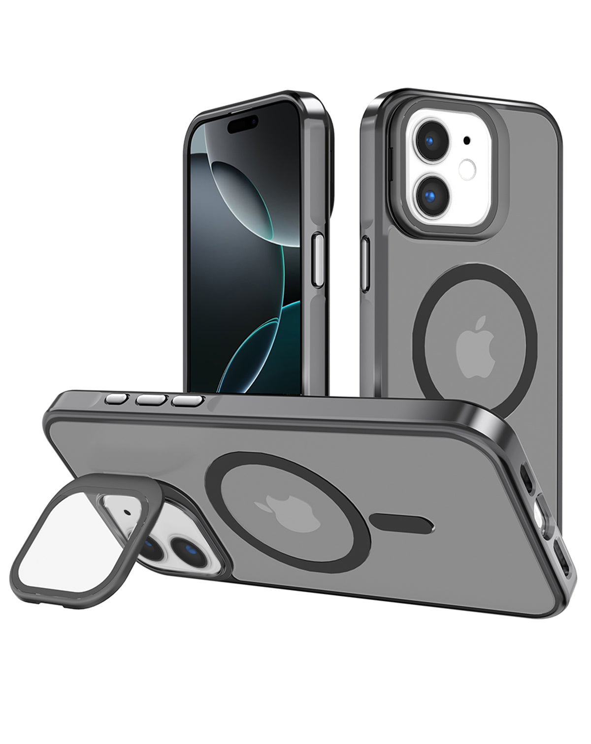 Slim matte translucent MagSafe case in gray for iPhone 11, shown upright on its camera cover kickstand