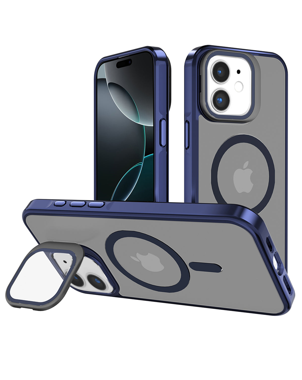 Slim matte translucent MagSafe case in navy blue for iPhone 11, shown upright on its camera cover kickstand