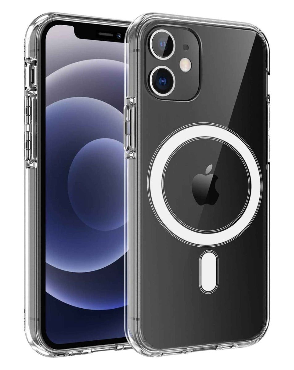 Clear MagSafe case with closed bottom for iPhone 11, front and back view showing the magnetic ring