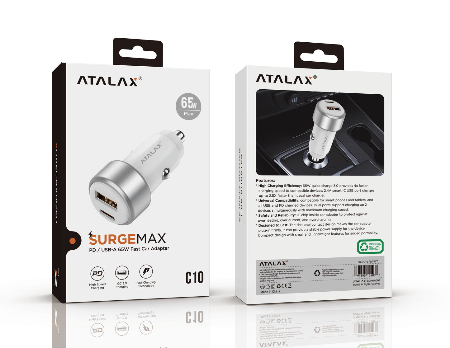Atalax SurgeMax C10 65W Car Charger – USB-C + USB-A, White