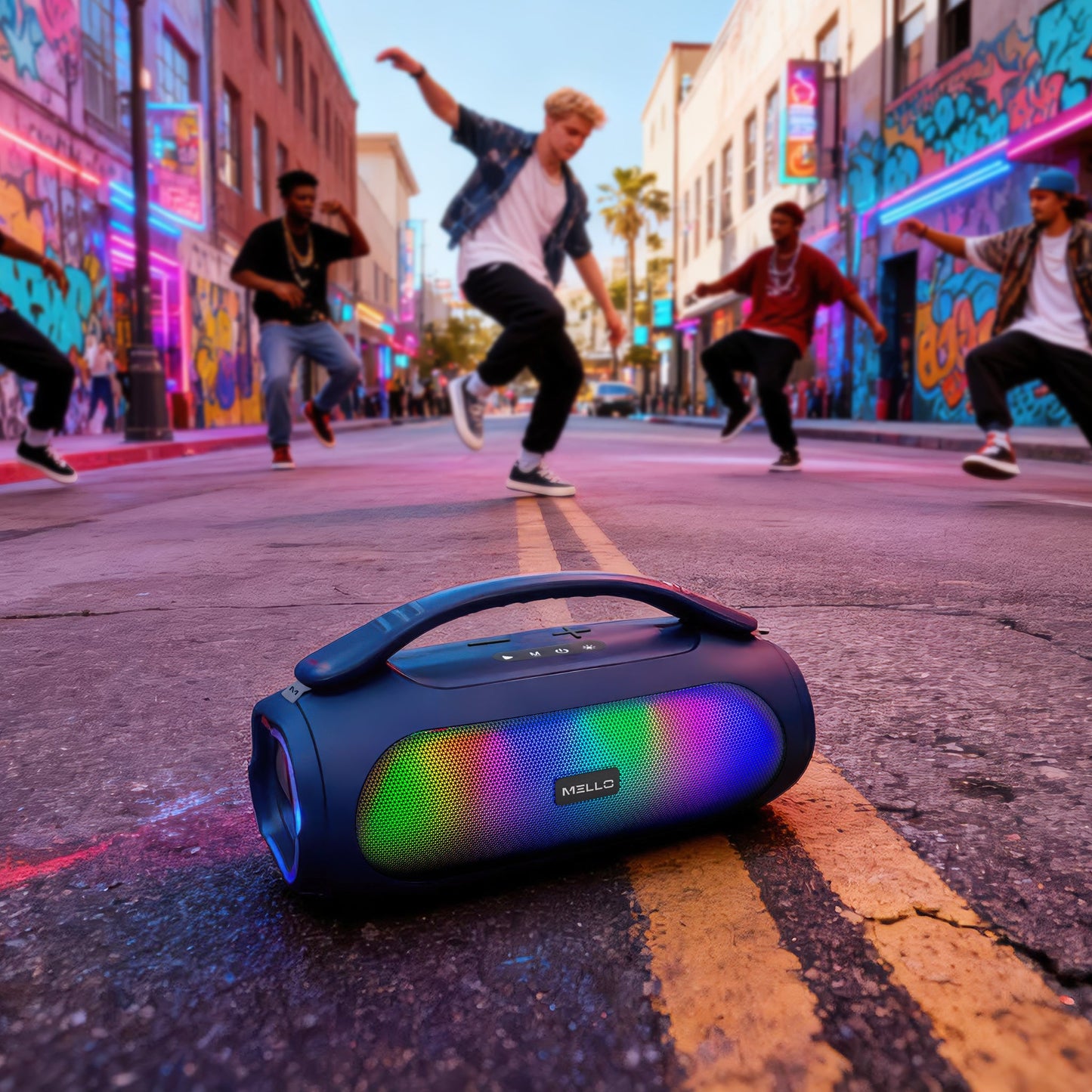 Mello Flow RGB boombox speaker on a street with breakdancers under neon lights