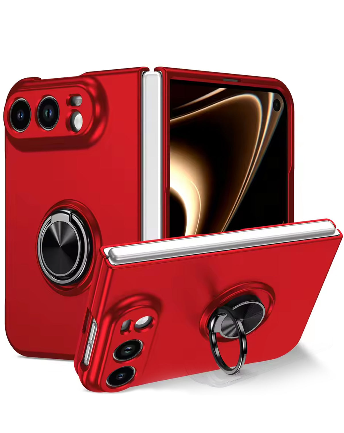Red magnetic ring stand case for iPhone Duo, shown open on its ring stand