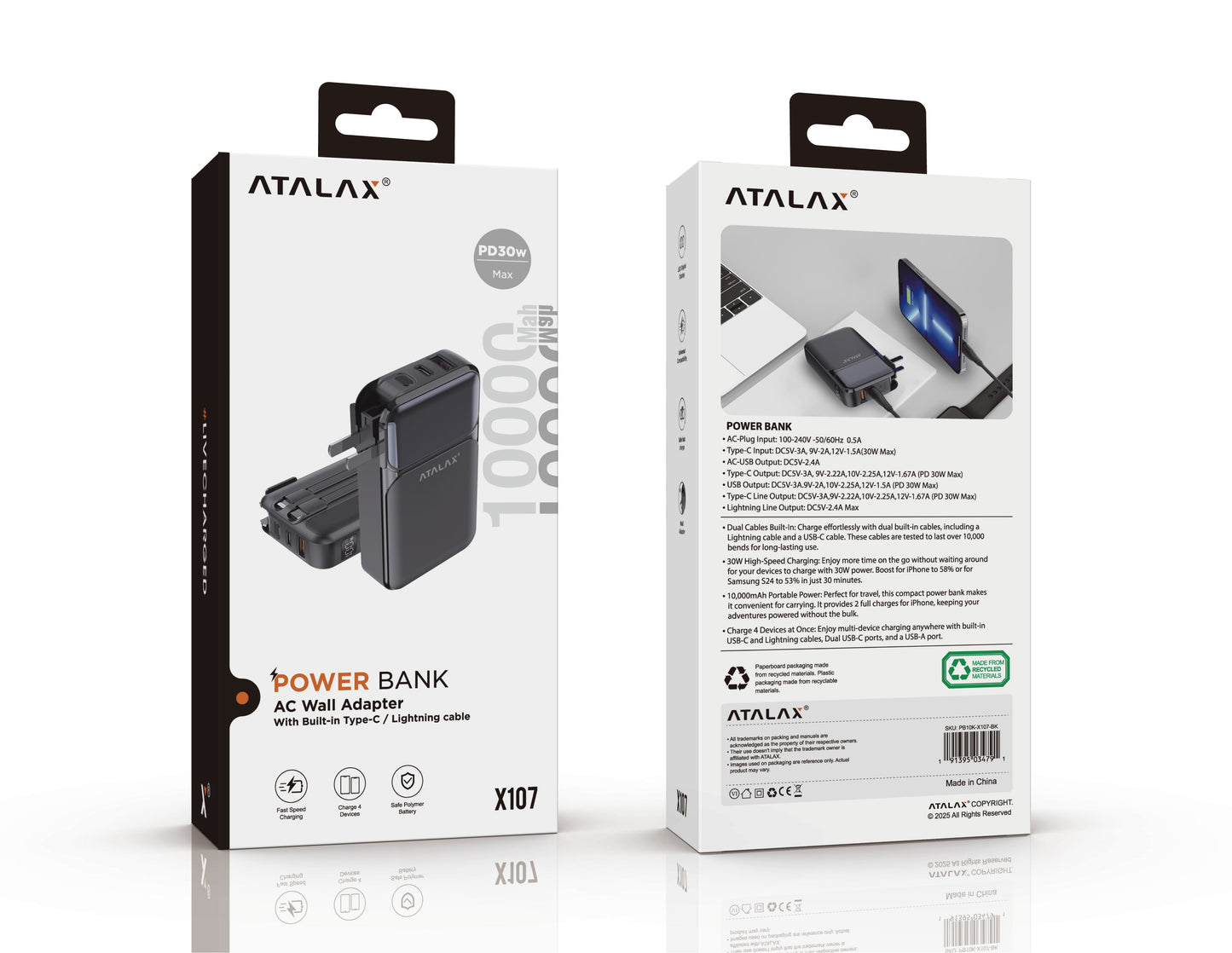Atalax Plug 10,000 mAh Power Bank – Built-In AC Wall Plug & Cables, 30W, Black