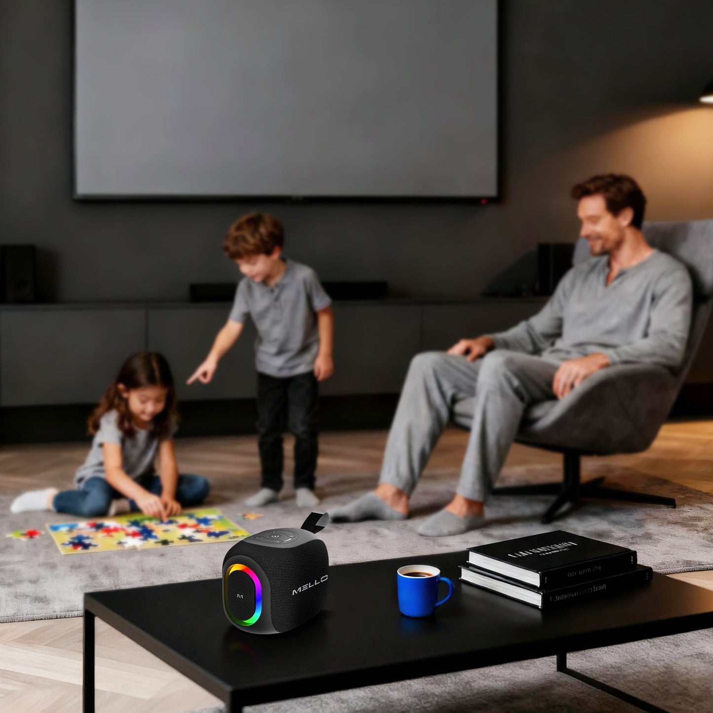 Mello Pebl Bluetooth speaker with RGB ring glowing on a coffee table during family game night