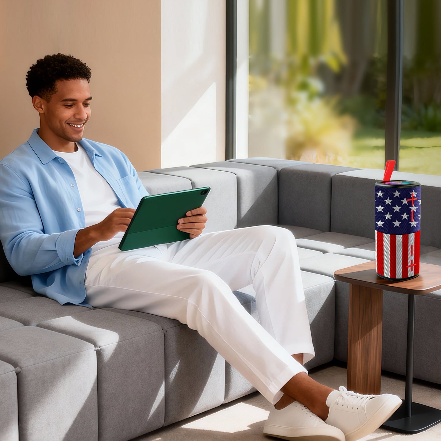 Man on a couch listening to the USA Flag Mello Sync Bluetooth speaker on a side table
