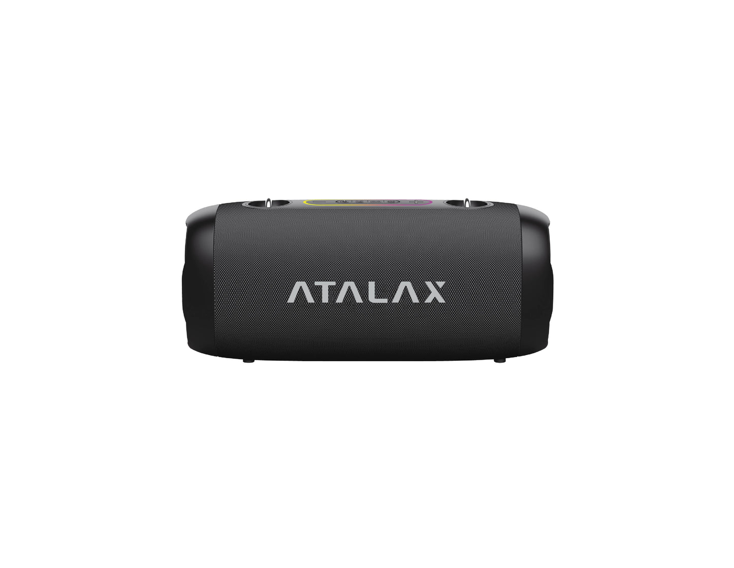 Rear view of the black Atalax Aura 50W wireless speaker cylinder