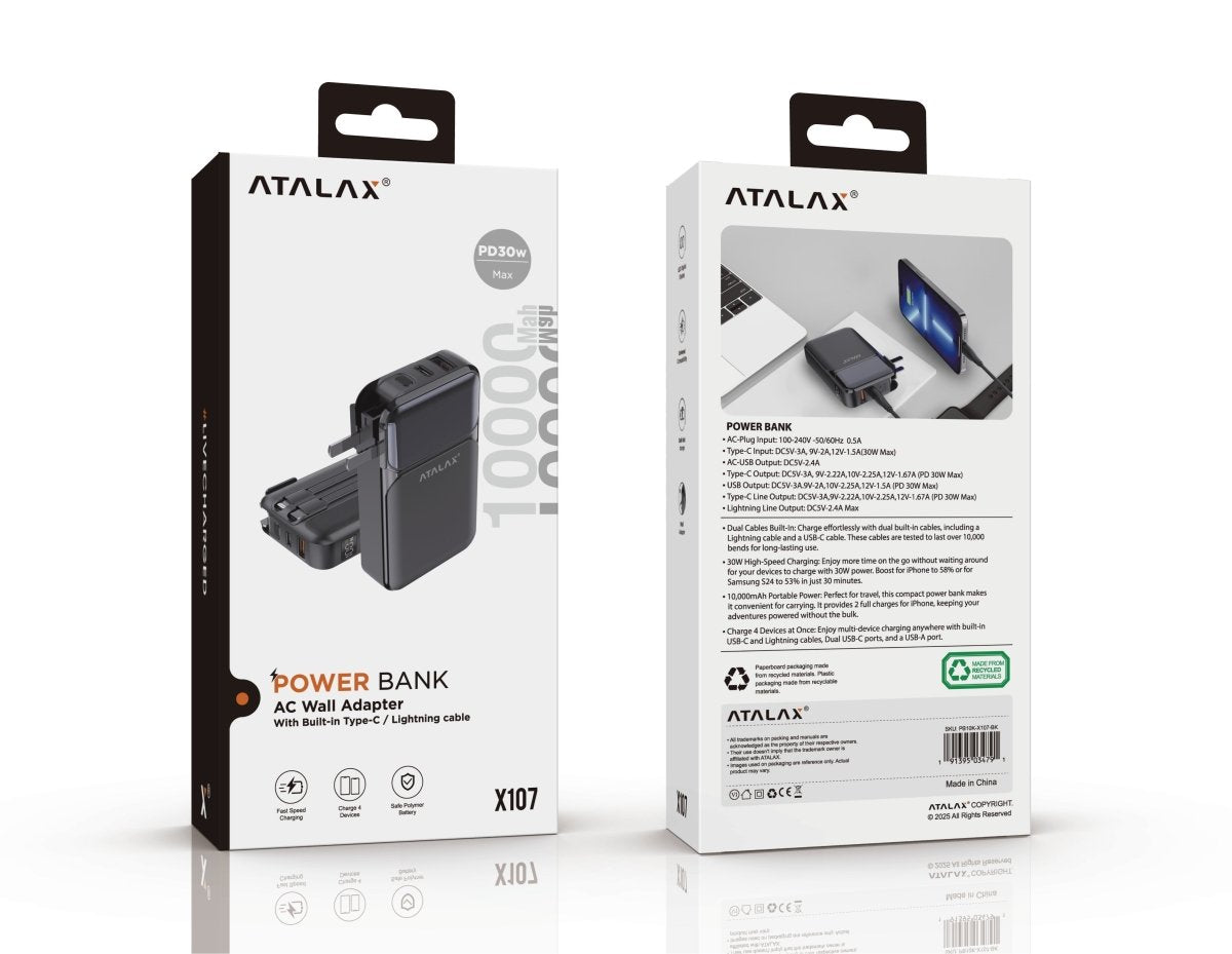 Atalax Plug 10,000 mAh Power Bank – Built-In AC Wall Plug & Cables, 30W, Black – in retail box, front and back