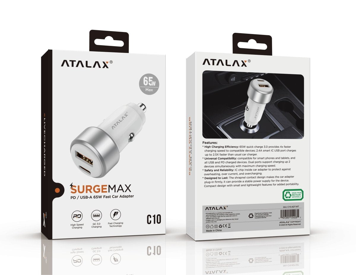 Atalax SurgeMax C10 65W Car Charger – USB-C + USB-A, White – retail box front and back