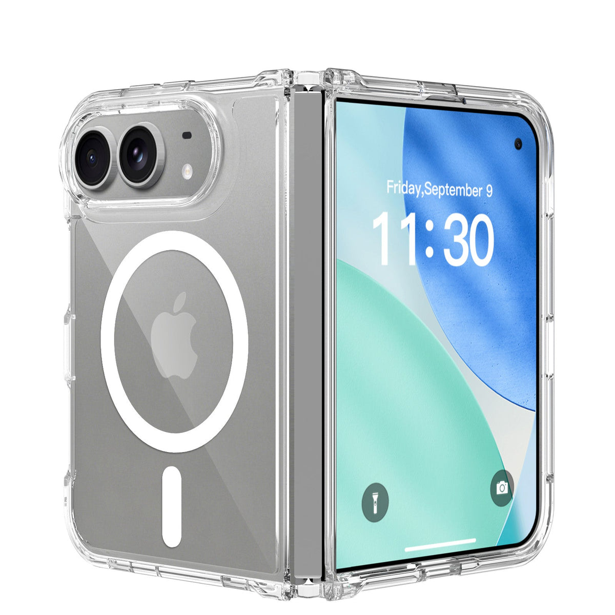 Clear shockproof MagSafe two-piece case on an iPhone Duo, open