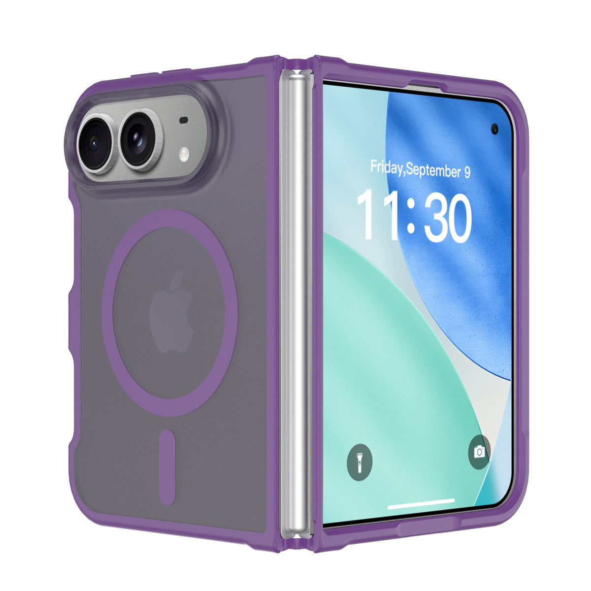 Purple frosted matte MagSafe case with color bumper on an iPhone Duo, open