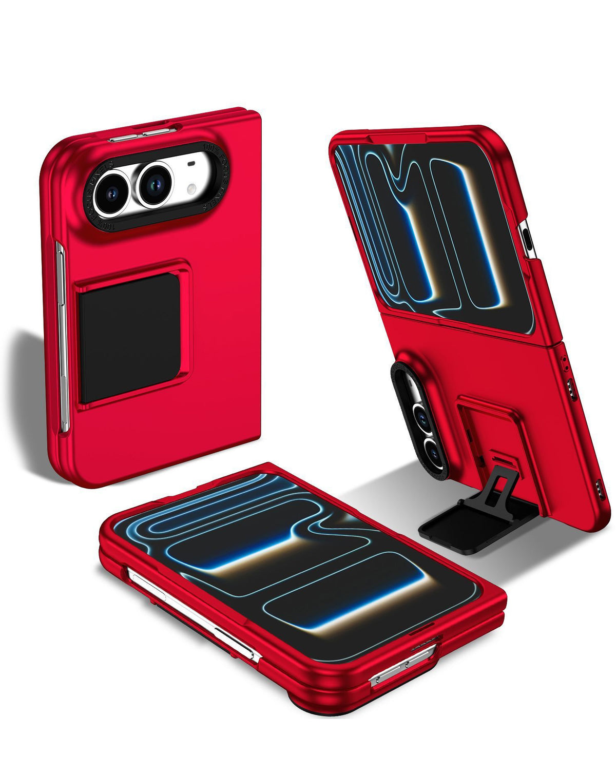 Red square kickstand case for iPhone Duo, shown open, closed and on its kickstand
