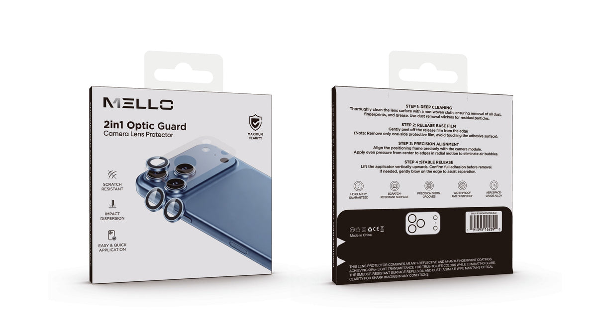 Mello 2-in-1 Optic Guard lens rings for iPhone 18 Pro, retail box front and back