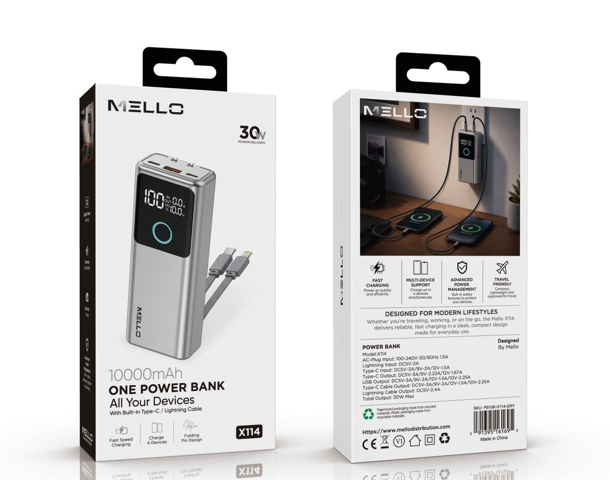 Mello Outlet 10,000 mAh Power Bank – Built-In AC Wall Plug & Cables, 30W, Gray – front and back of retail packaging
