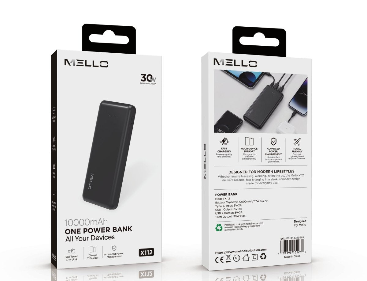 Mello Slate 10,000 mAh Slim Power Bank – USB-C + Dual USB-A, Black – in retail box, front and back