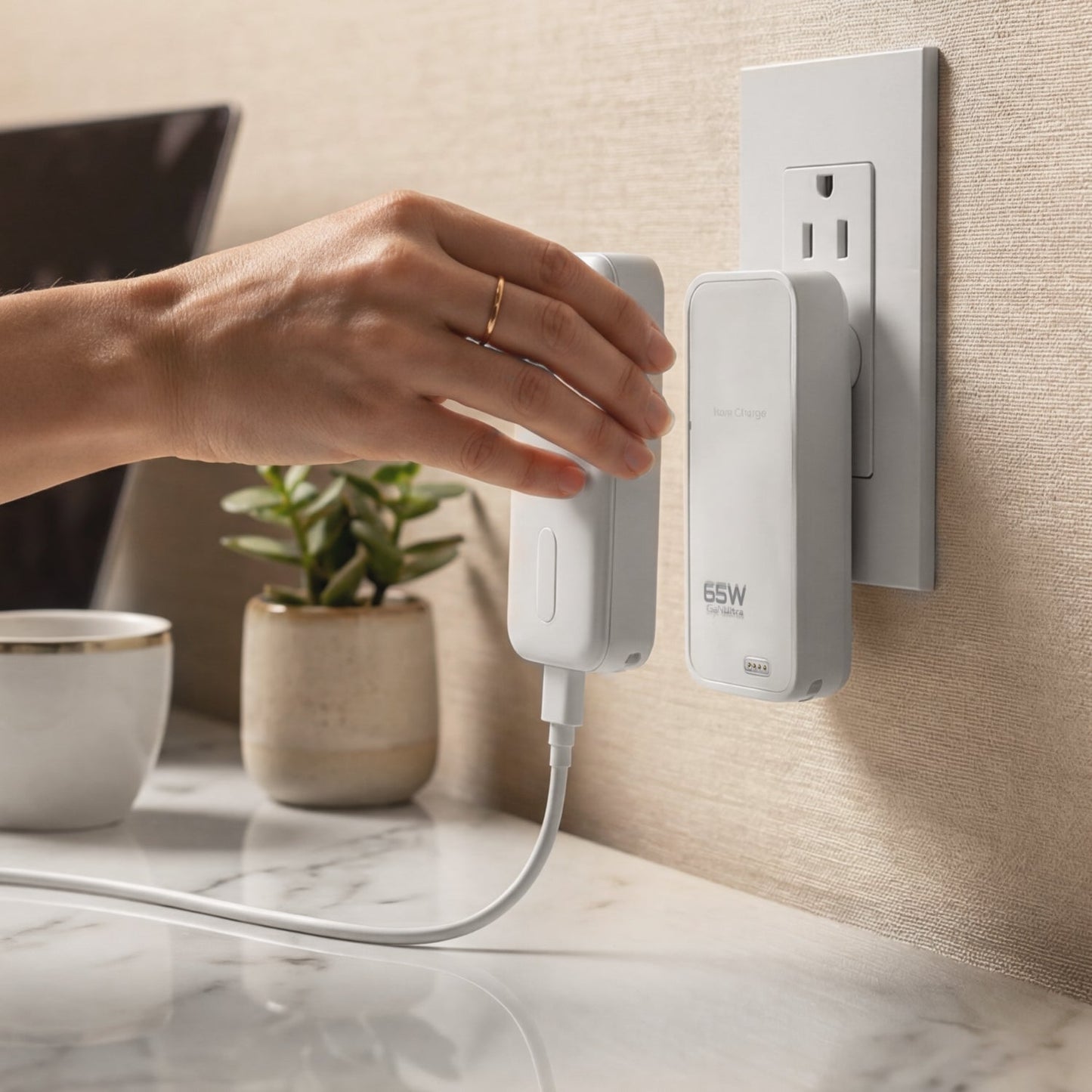 Hand lifting the white ReelCharge Fusion power bank off its wall charger plugged into an outlet above a counter