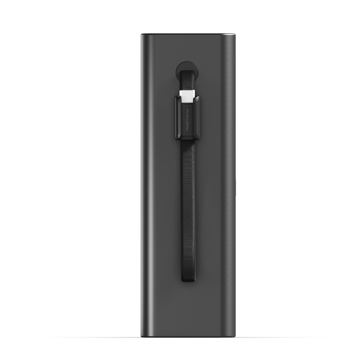 Narrow side view of the ReelPro 165W power bank with the integrated USB-C cable seated in its channel