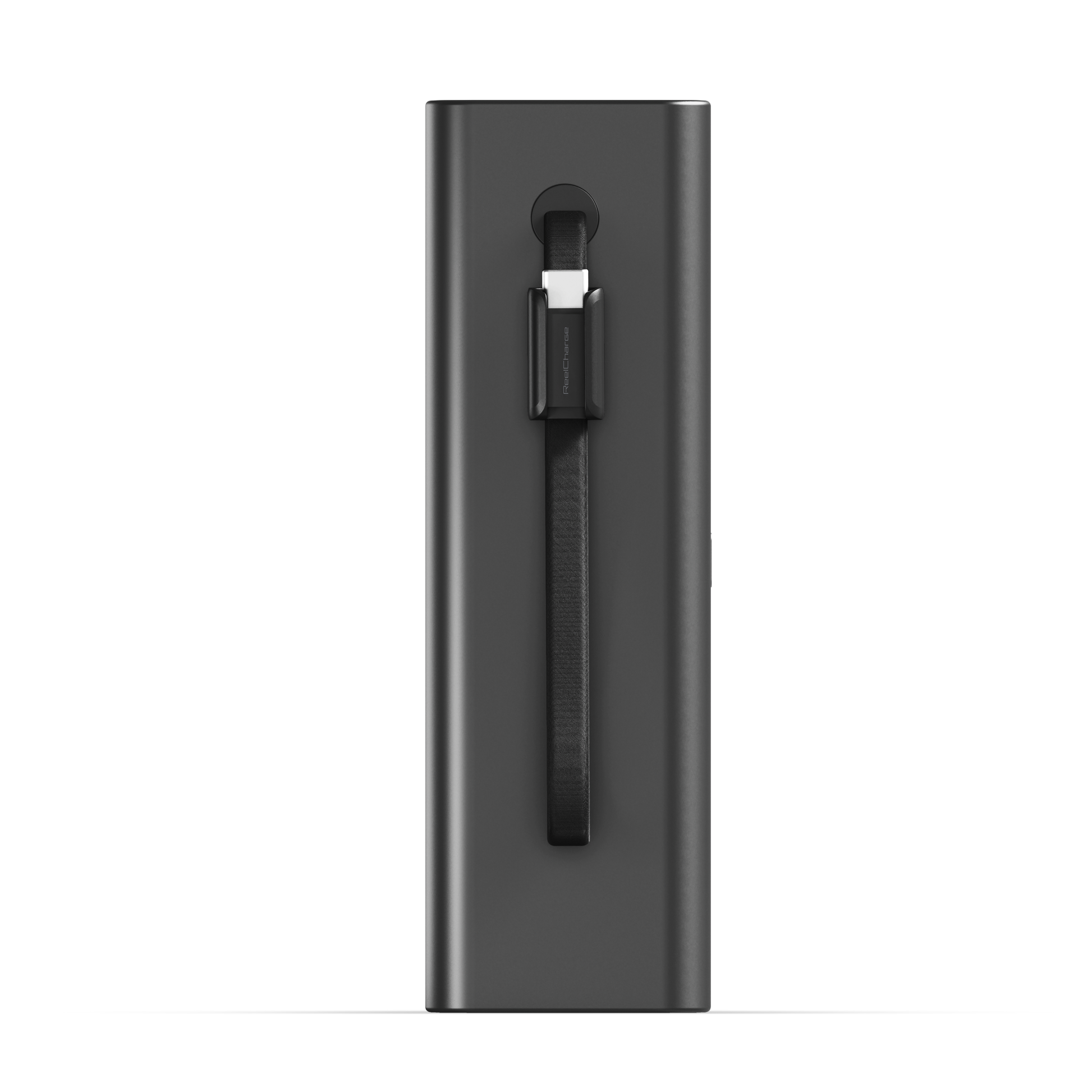 Narrow side view of the ReelPro 200W power bank with the integrated USB-C cable in its channel