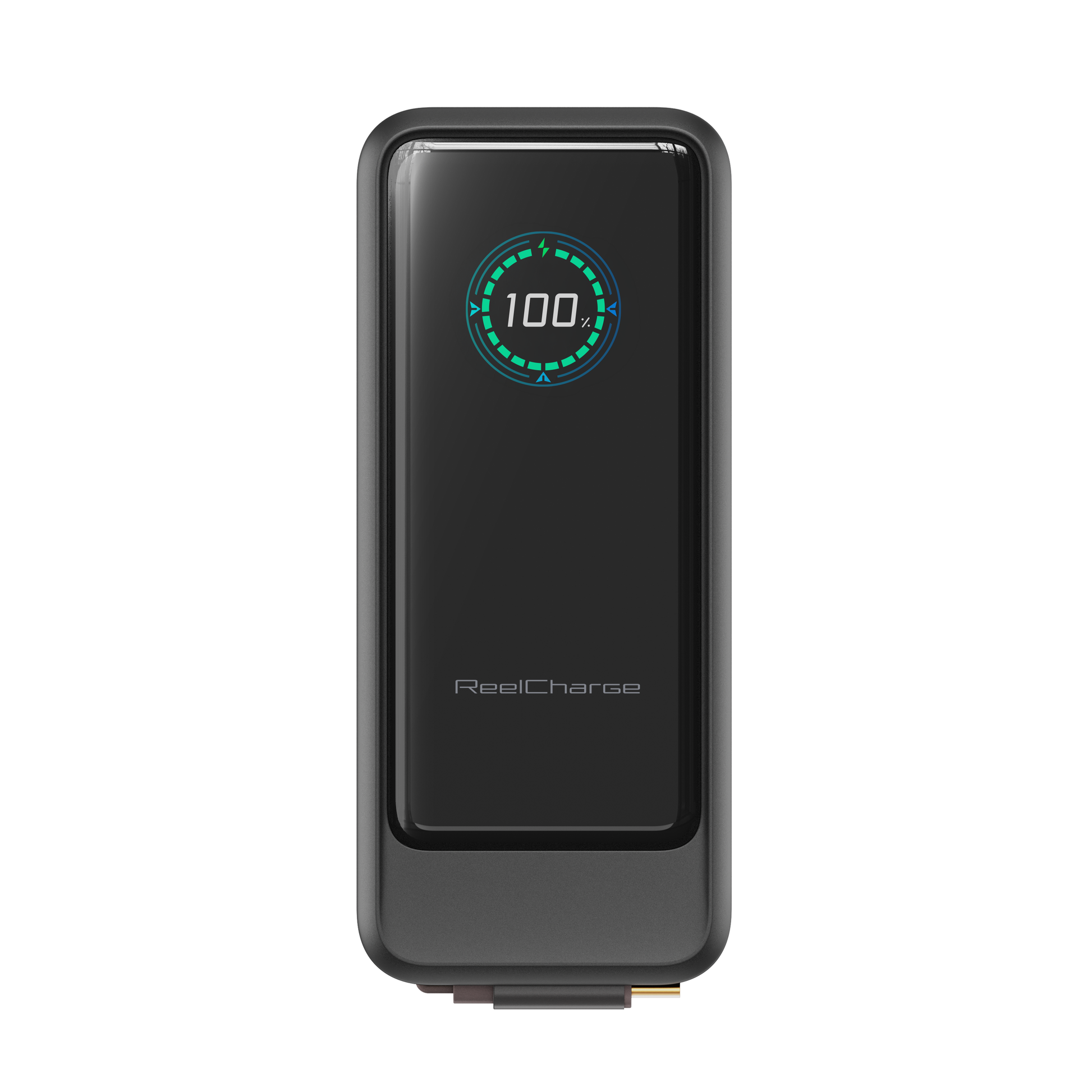 Front view of the ReelPro 67W 15,000 mAh power bank with the color battery display lit