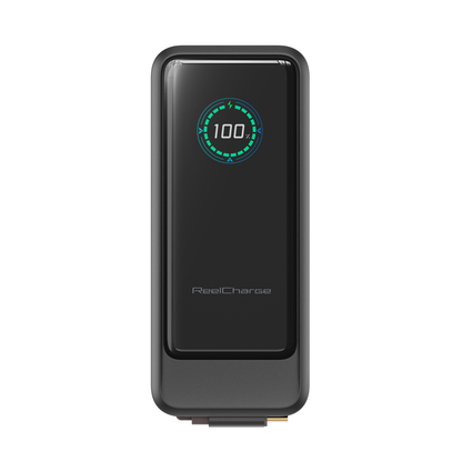 Front view of the ReelPro 67W 15,000 mAh power bank with the color battery display lit