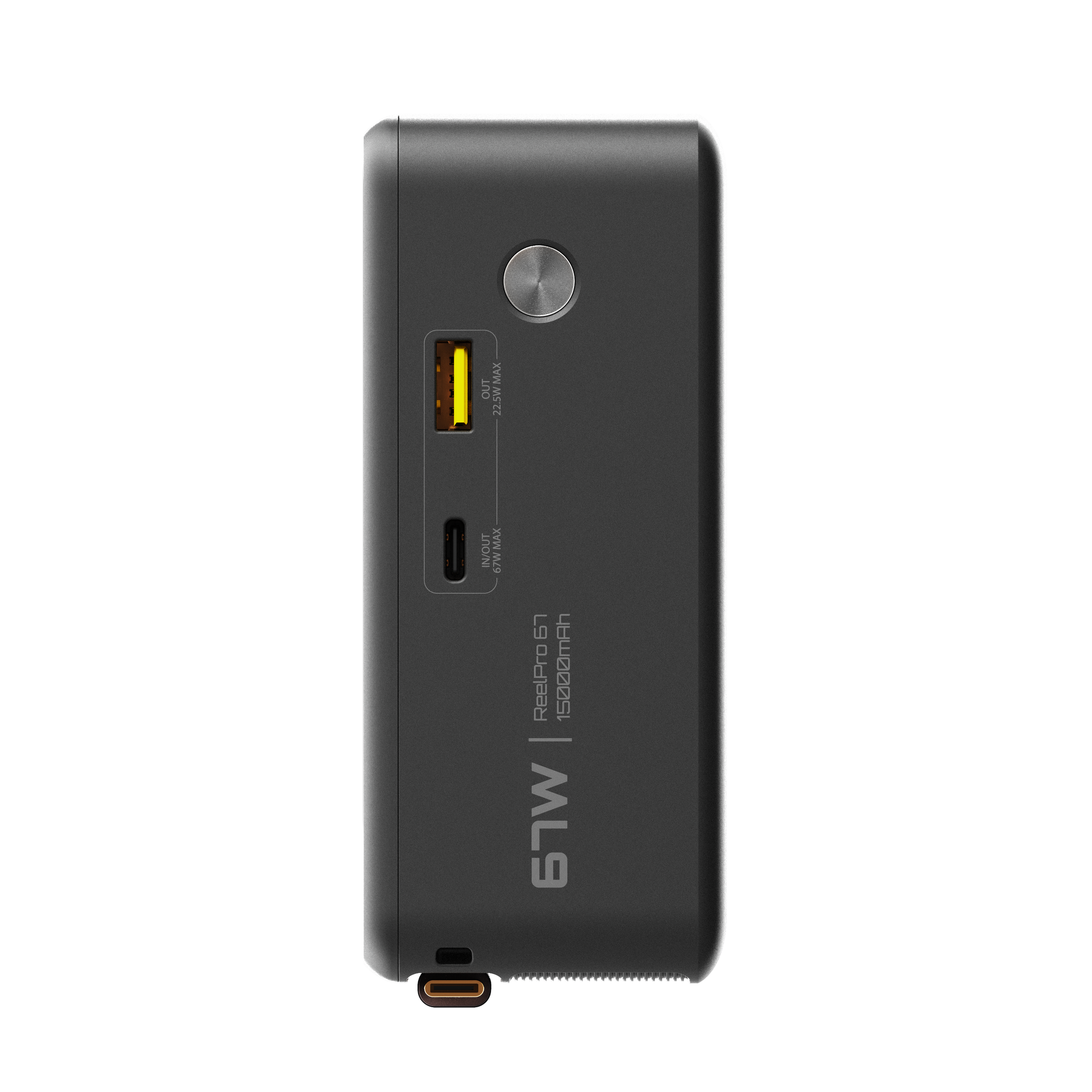 Side view of the ReelPro 67W power bank showing the USB-A and USB-C ports and 67W marking