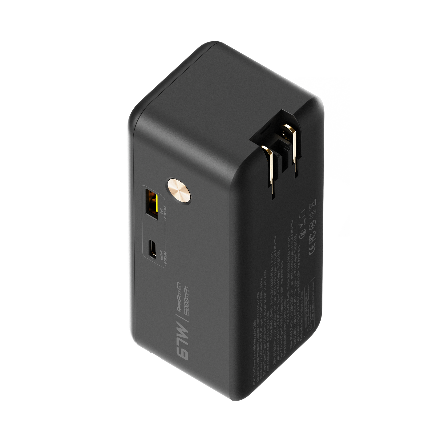 Rear angle of the ReelPro 67W power bank with the folding wall prongs extended