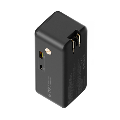Rear angle of the ReelPro 67W power bank with the folding wall prongs extended