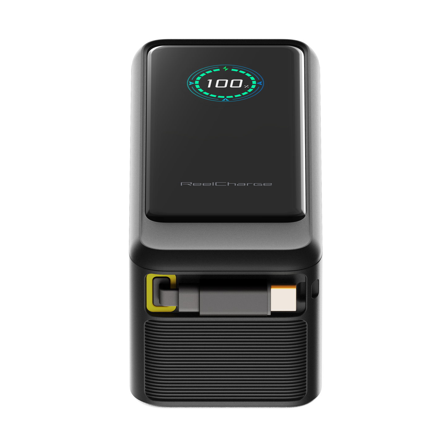 Angled view of the ReelPro 67W power bank showing the display and retractable cable bay