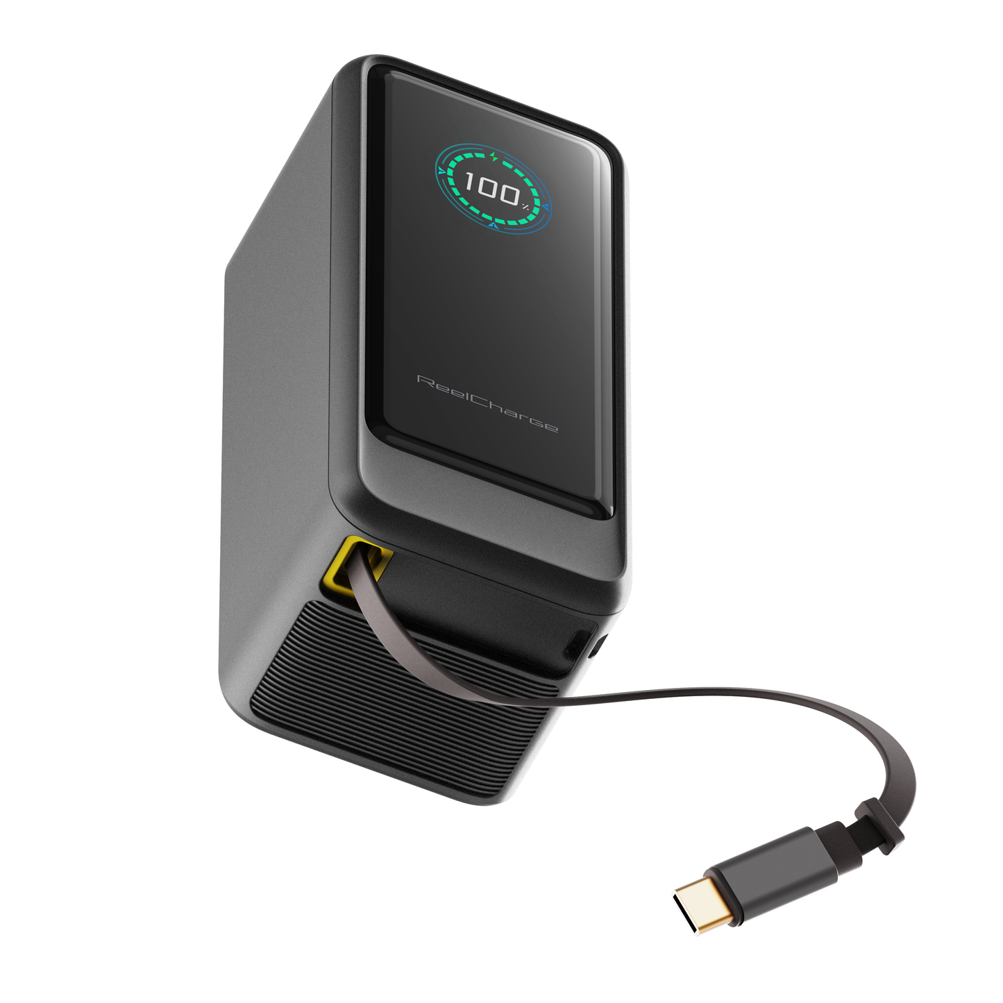 ReelCharge ReelPro 67W 15,000 mAh power bank in black with the retractable USB-C cable extended
