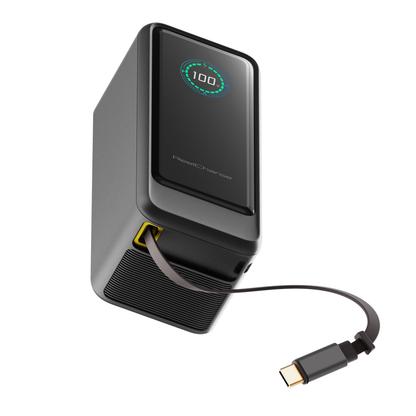 ReelCharge ReelPro 67W 15,000 mAh power bank in black with the retractable USB-C cable extended