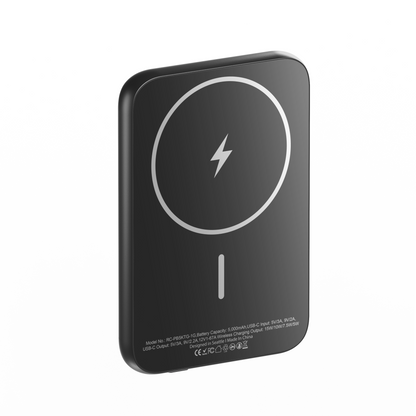 Angled view of the Gray tempered glass ReelSafe 5,000 mAh magnetic power bank