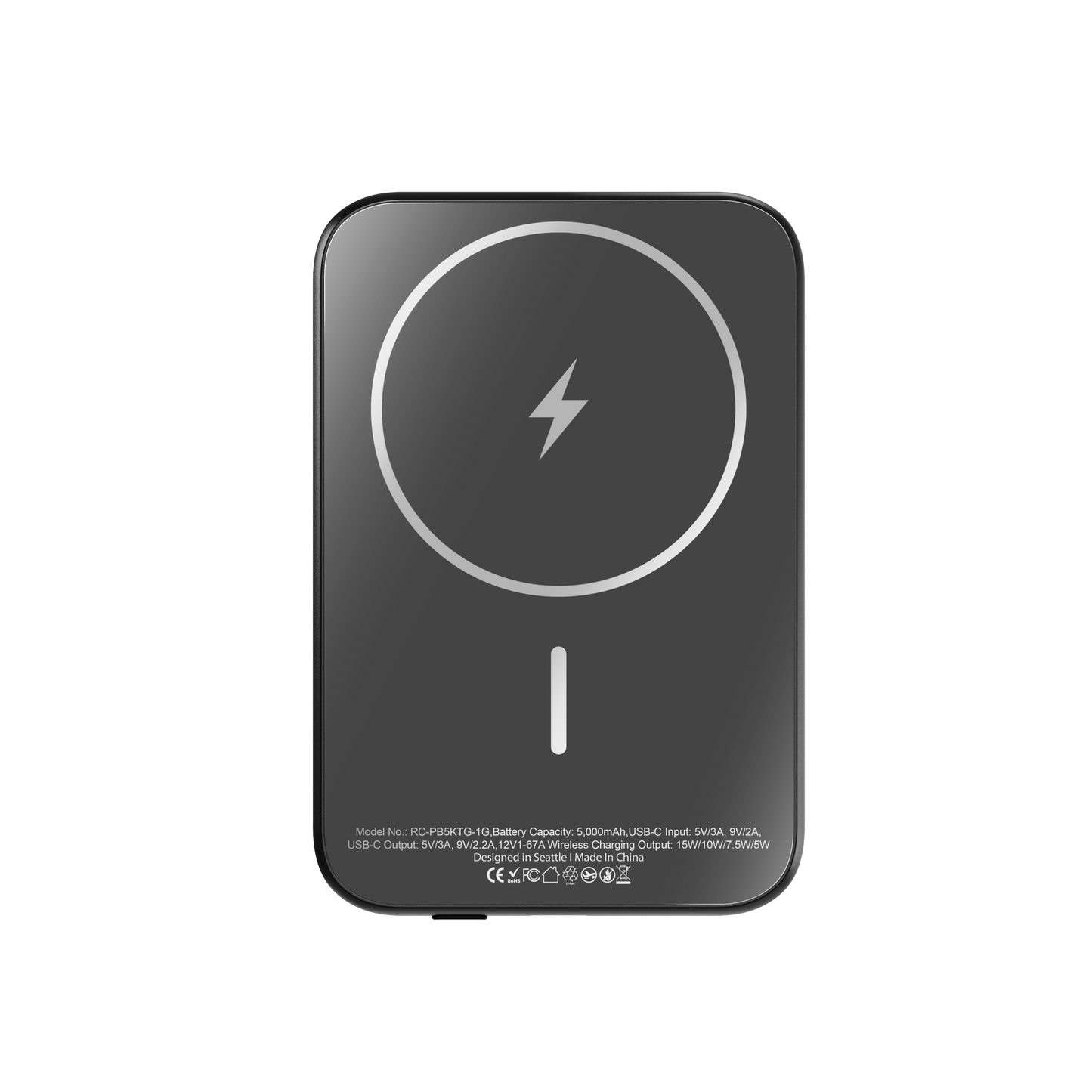 Straight-on view of the Gray ReelSafe 5,000 mAh wireless power bank showing the magnetic alignment ring