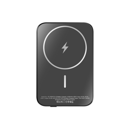 Straight-on view of the Gray ReelSafe 5,000 mAh wireless power bank showing the magnetic alignment ring