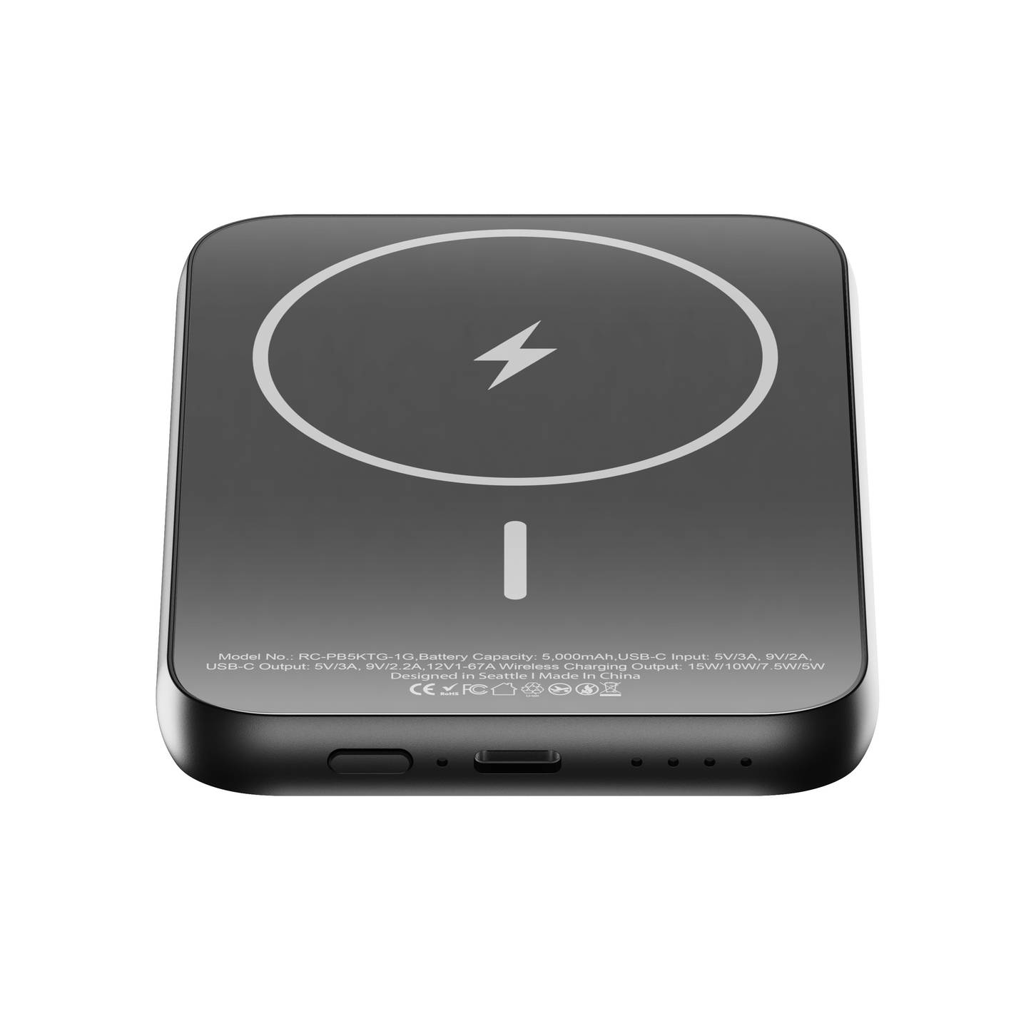 ReelCharge ReelSafe premium 5,000 mAh wireless power bank in Gray tempered glass with the magnetic ring visible