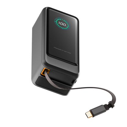 ReelCharge ReelPro 45W 10,000 mAh power bank in black with the retractable USB-C cable extended