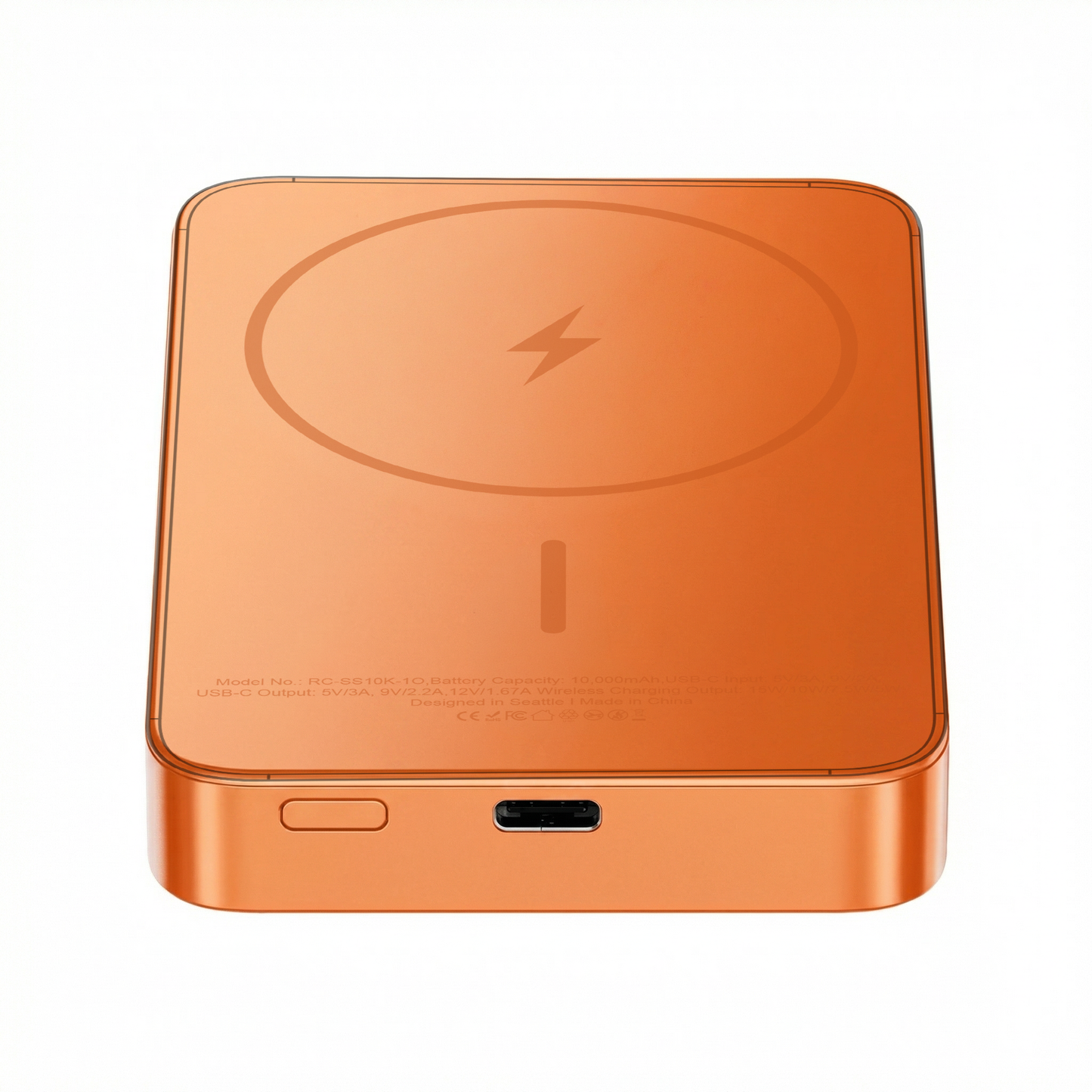 ReelCharge ReelSafe 10,000 mAh solid state wireless power bank in orange aluminum with the magnetic ring