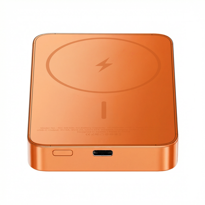 ReelCharge ReelSafe 10,000 mAh solid state wireless power bank in orange aluminum with the magnetic ring