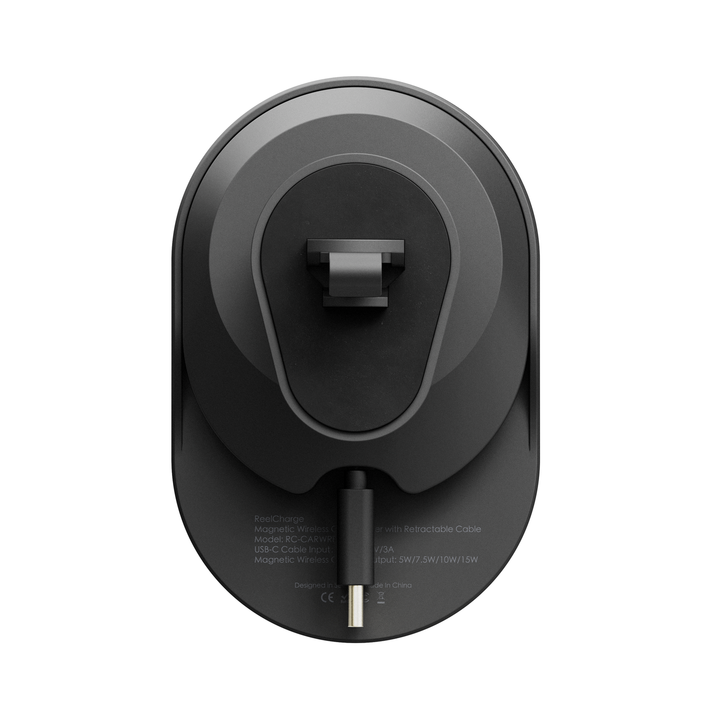 Back plate of the ReelCharge vent mount charger with the specification label and USB-C cable