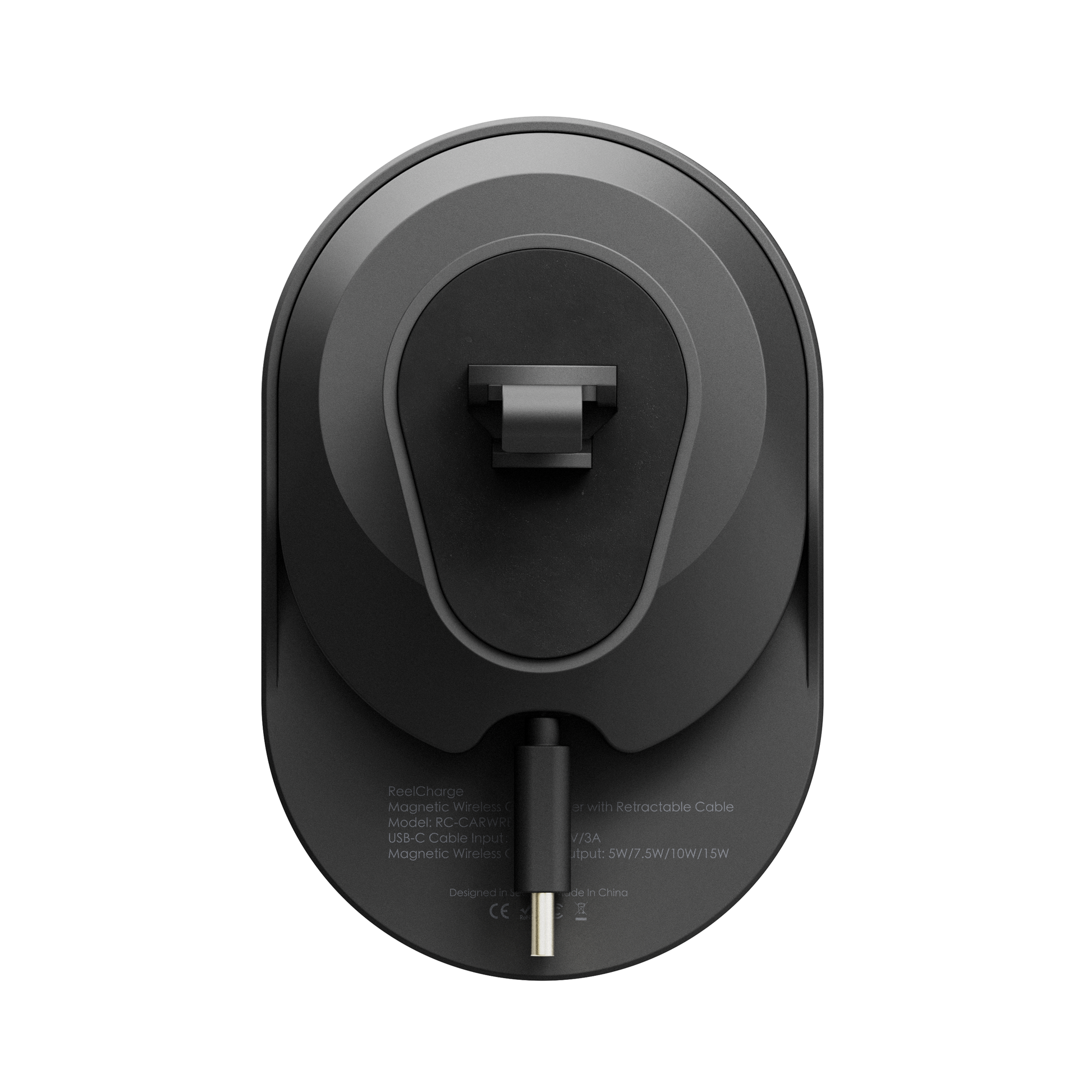 Back plate of the ReelCharge vent mount charger with the specification label and USB-C cable