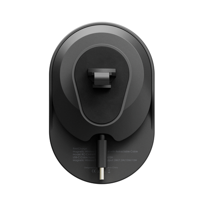 Back plate of the ReelCharge vent mount charger with the specification label and USB-C cable