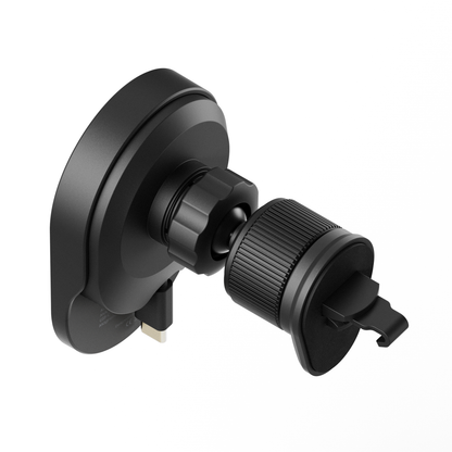Angled view of the ReelCharge magnetic vent mount showing the articulating vent clip arm