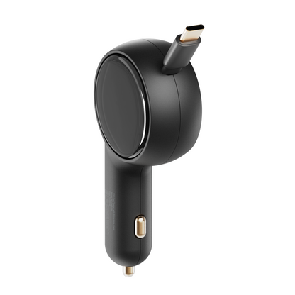 Side view of the black 60W 2-in-1 car charger showing the retractable cable head